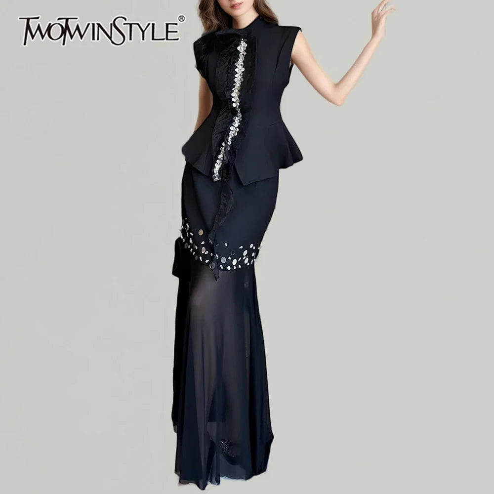 Solid Two Piece Sets for Women Round Neck Sleeveless Patchwork Sequin Vest High Waist Sheer Skirt Set Female New