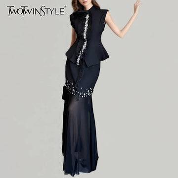 Solid Two Piece Sets for Women Round Neck Sleeveless Patchwork Sequin Vest High Waist Sheer Skirt Set Female New