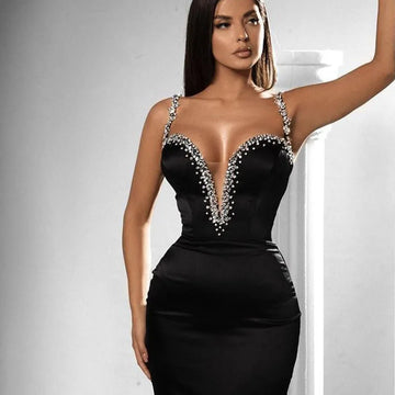 2025 Luxury Sparkling Diamond Sexy Deep V-Neck Black Bandage Mini Dress Fashion Woman Evening Party Dress Birthday Party Outfit