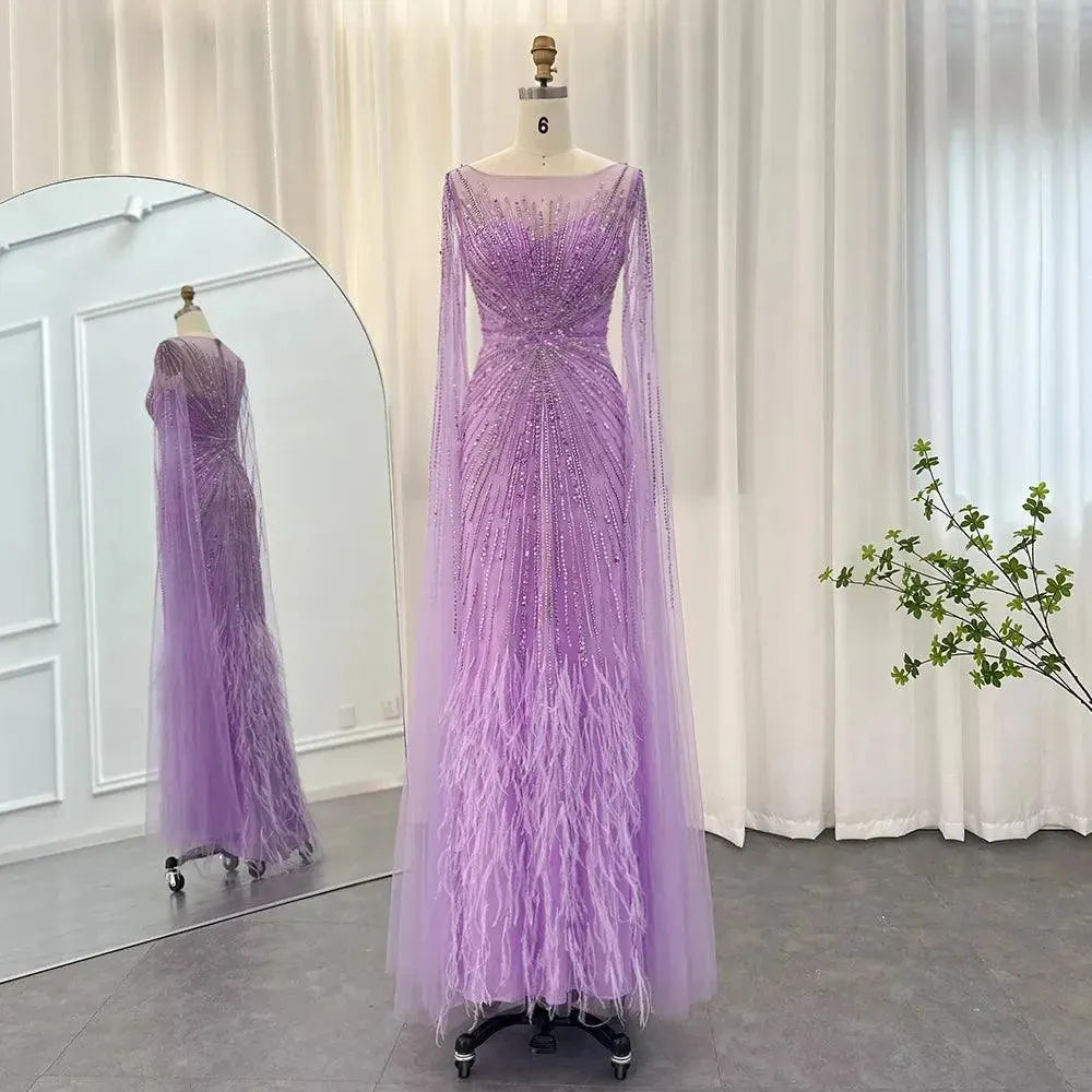 Luxury Dubai Lilac Feathers Evening Dresses with Cape Sleeves Arabic Long Women Wedding Party Prom Dress Lilac Evening Dress