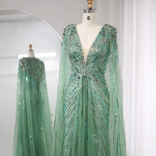 Abiti da sera verde Dubai Sage di lusso con Cape Fuchsia Crystal Gold Elegant Wedding Formale Abito da festa formale