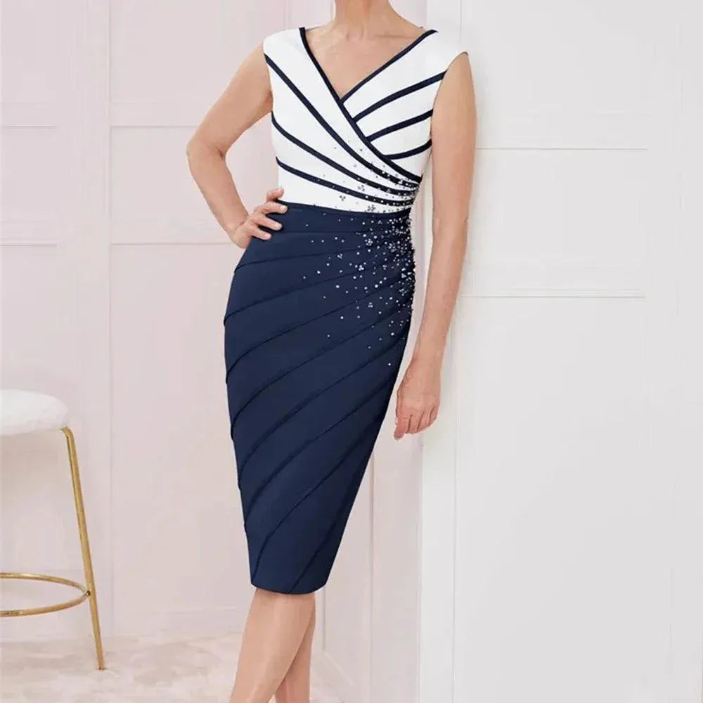 Elegant Mother of the Bride Dress with Jacket Knee Length Beading Classic V-Neck Three Quarter Women Custom Made Gown for Party Photo Color1