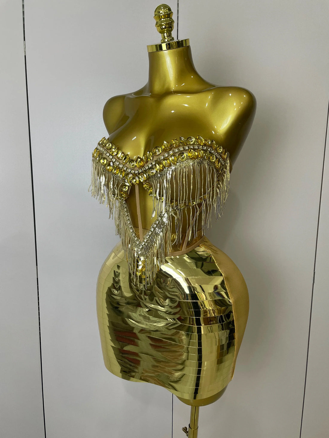 Sparkly Gold Rhinstones tassels Top Skirt Two-piec Set  Women Sexy Strapless Designer Nightclub Evening Party Stage Outfit