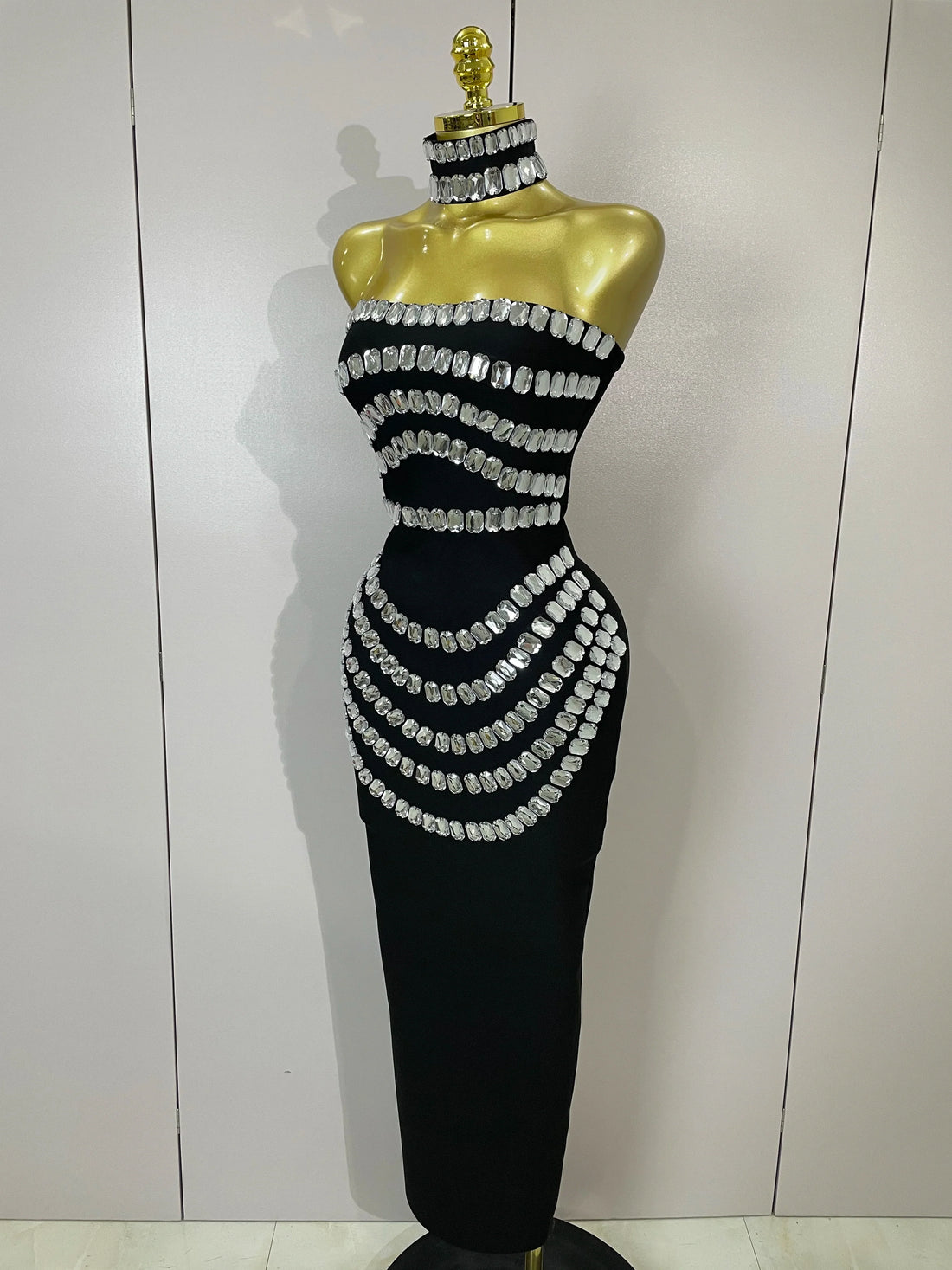 Women Sexy Backless Strapless Black Beading Long Bandage Bodycon Dress  Celebrity Elegant Evening Luxury Birthday Dresses