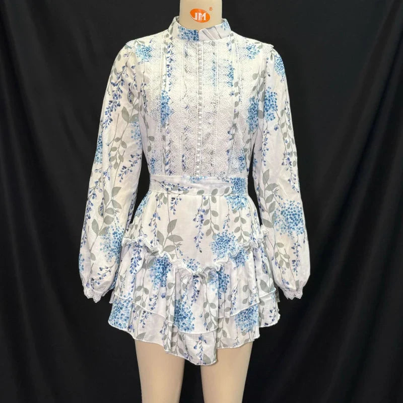 Hit Color Spliced Printing Elegant Dresses for Women High Waist Long Sleeves Patchwork Ruffles Folds Dress Female