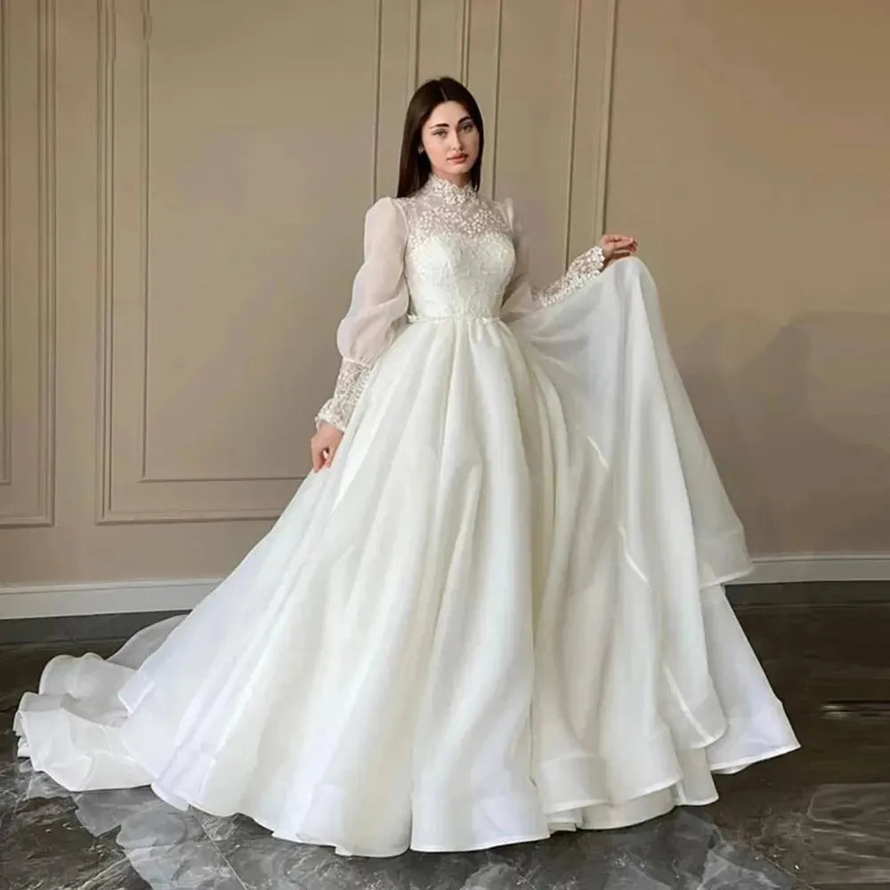 Gorgeous High Collar Elegant A Line Wedding Dress Lace Puff Long Sleeves High Neck Korea Wedding Bridal Gowns Robe de mariage Beige