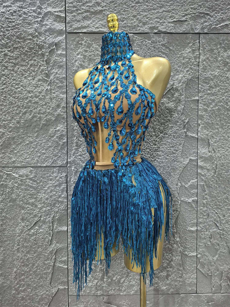 Women Sexy Shinning Crystal Sequisn Tassels 2 Pieces Bodycon Mini Dress Nightclub Party Bar Dancer Performance Costume