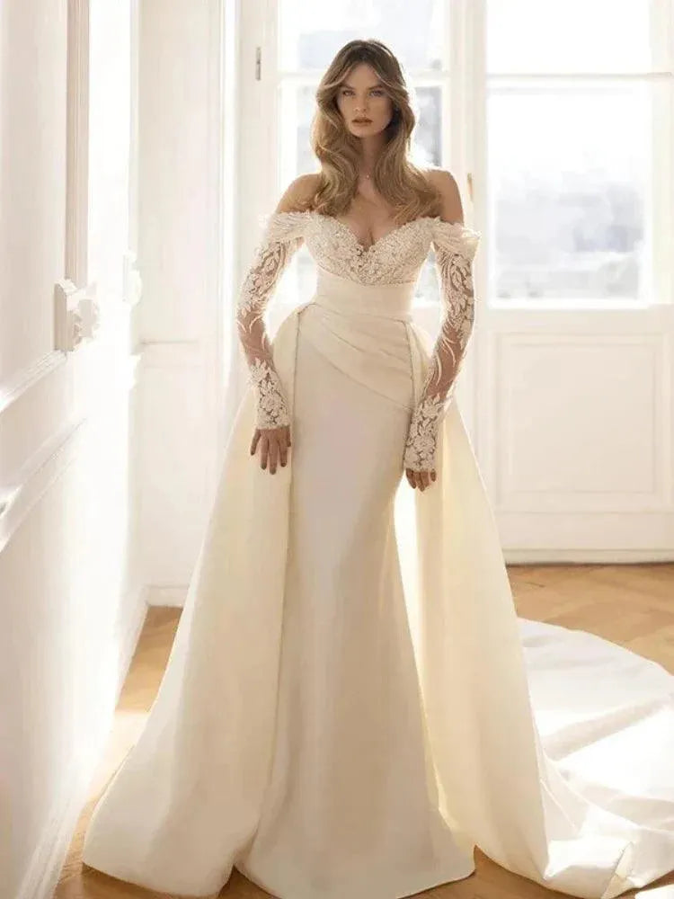 Luxury Mermaid Wedding Dresses Illusion Long Sleeve Lace Appliques Bride Gowns Sweetheart Formal Beach Party Vestidos De Novia Beige 14W Mermaid