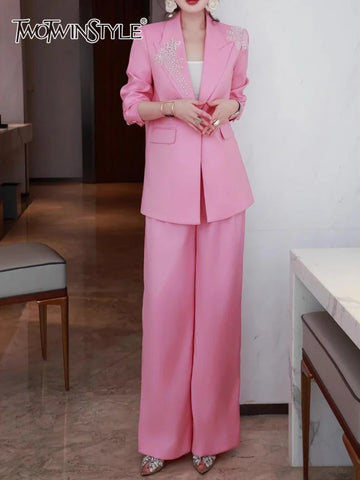 TWOTWINSTYLE Solid Spliced Appliques Two Piece Sets for Women Lapel Long Sleeves Patchwork Button Top High Waist Pant Set Female