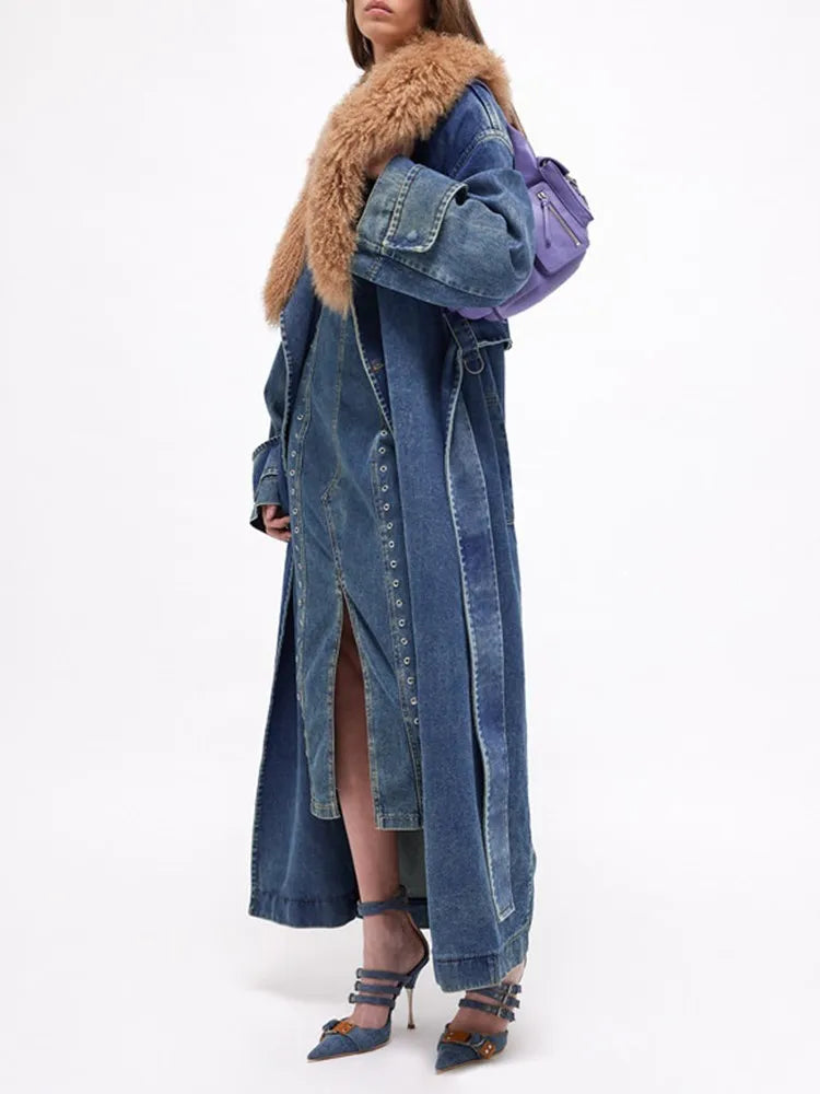 Colorblock Patchwork Lace Up Denim Coat For Women Fur Collar Long Sleeve Loose Casual Trench Female Fashion Style