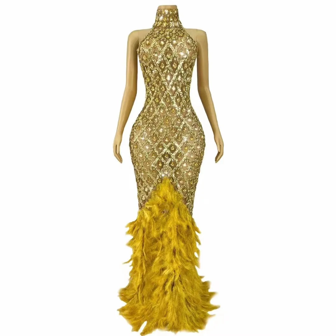 Gold Evening Gown Gold Dress With Black Luxury Shining Gold Rhinestones Feather Sexy Mesh Long Dress Gold Evening Gown Gold Dress With Black Luxury Shining Gold Rhinestones Feather Sexy Mesh Long Dress