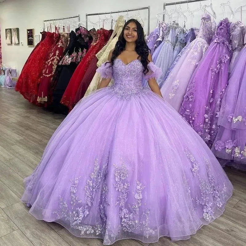 Quince Dress | Glittering Lilac Quinceanera Dresses Vestidos De Años Floral Beading LacePrincess Birthday Party Gowns Corset Lilac