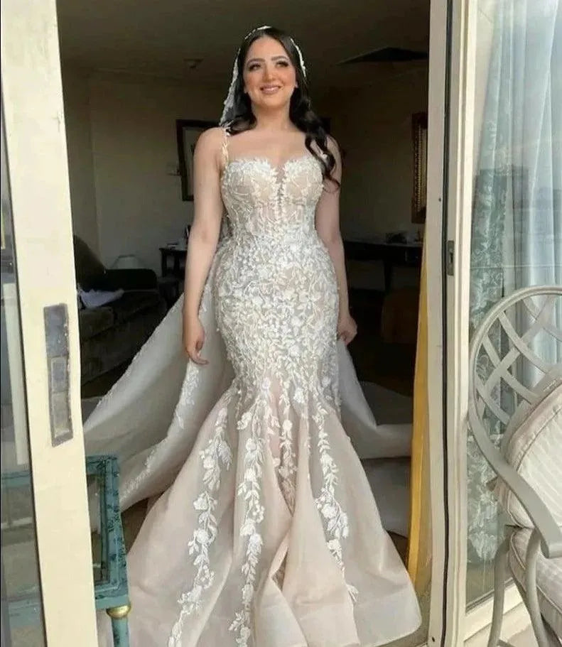 LORIE Champagne Mermaid Wedding Dresses Peach Sweetheart Neck Bride Dress vestidos de novia Lace Wedding Gowns Mermaid