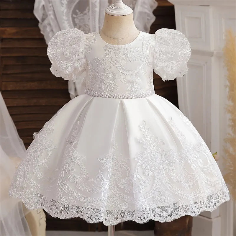 Dress for Todder Girl White Lace Embroidery Princess Dress Baby Girls Christening Flower Costume Wedding Infant Puff Sleeve Gown