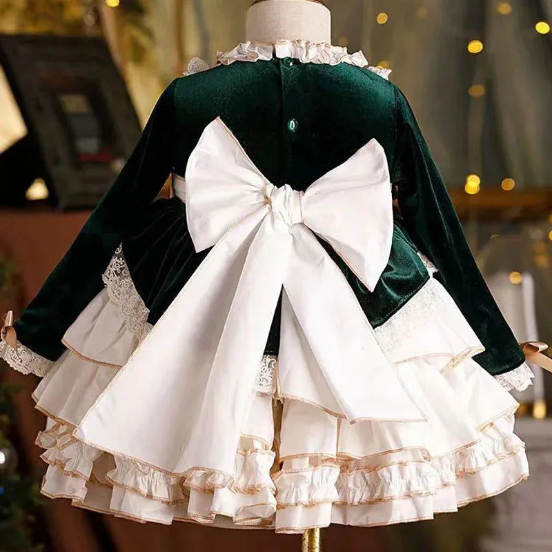 Baby Girl Velvet Lace Lolita Princess Dress Infant Toddler Child Vintage Elegant Bow Tutu Vestido Christmas Baby Clothes 1-12Y green