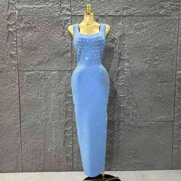 Skyblue Color Women Sleeveless O-Neck Shinning Crystal Bodycon Long Bandage Dress Celebrate Evening Party Birthday Outfit