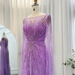 Luxury Dubai Lilac Feathers Evening Dresses with Cape Sleeves Arabic Long Women Wedding Party Prom Dress