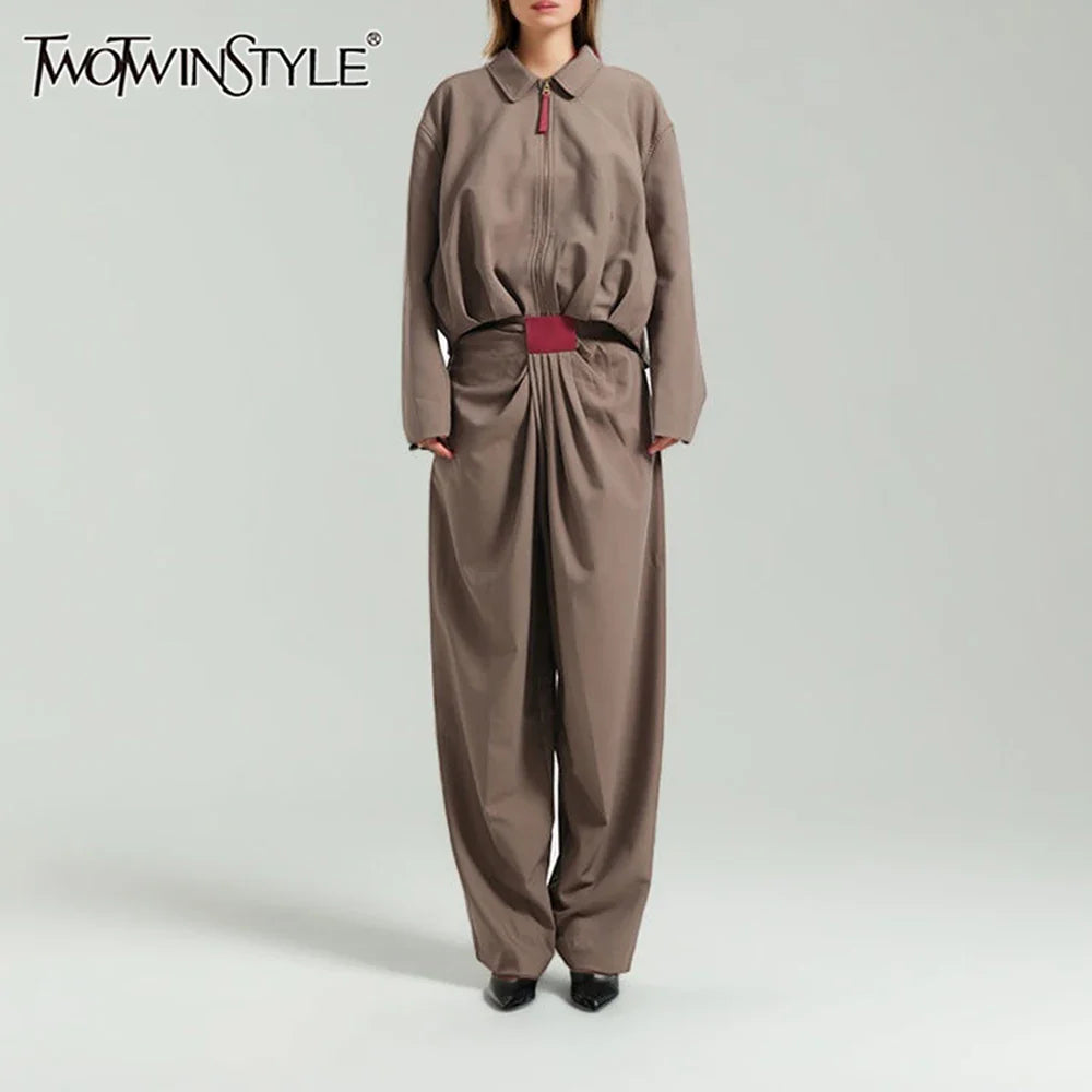 Fashion Casual Two Piece Sets for Women Lapel Long Sleeves Patchwork Zipper Top High Waist Wide Leg Pant Set Female