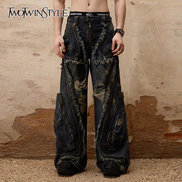 TWOTWINSTYLE Colorblock Fashion Spliced Zipper Chic Loose Pants for Women Patchwork Hollow Out Pant Female High Street Style New