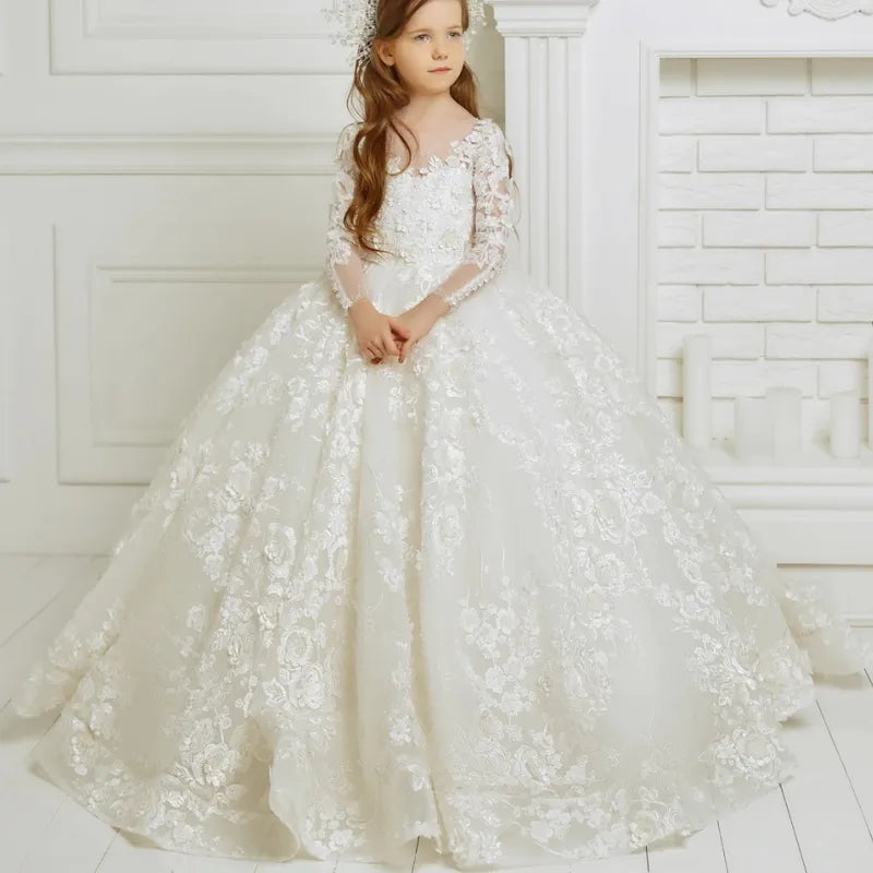 Ivory Flower Girl Dresses Luxurious Lace Floral Appliques Long Sleeve For Wedding Prom Party Pageant Gowns