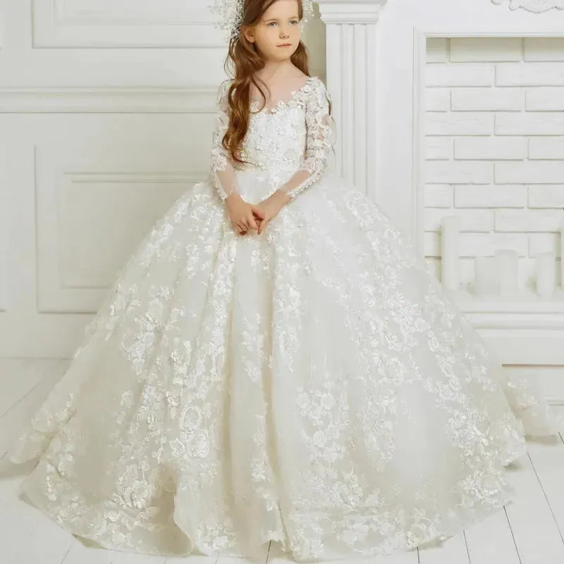 Ivory Flower Girl Dresses Luxurious Lace Floral Appliques Long Sleeve For Wedding Prom Party Pageant Gowns