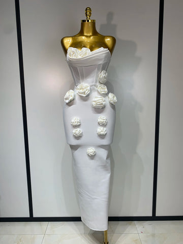 Women Sexy Bodycon Dress Fashion White Elegant Strapless Flower Slim Dress Casual Streetwear Club Birthday Party Dresses