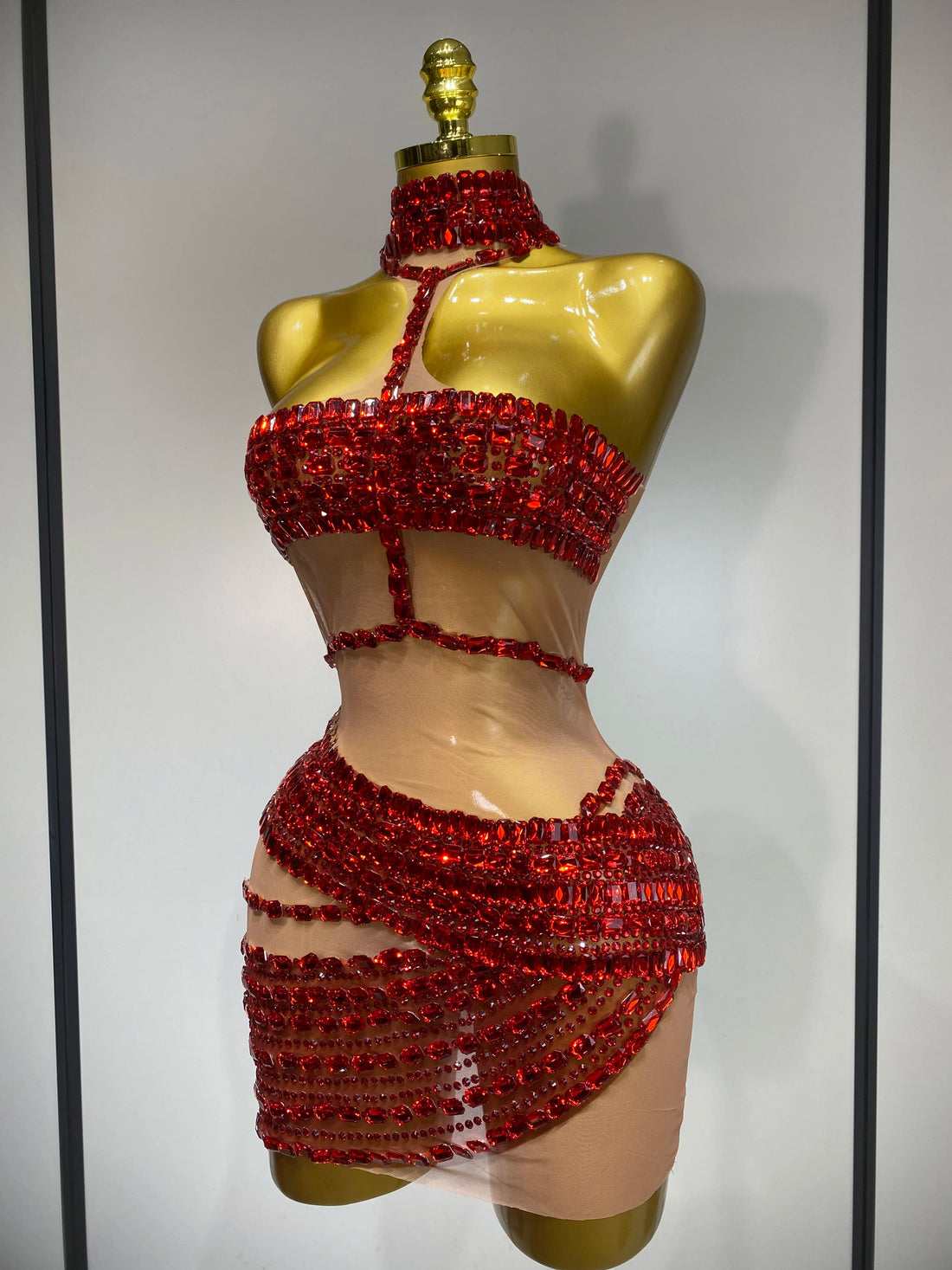 Sparkly Red Rhinestone Mini Dress Womer Sexy Mesh Birthday Wedding Party Prom Gowns Drag Queen Costume Singer Stage Outfit