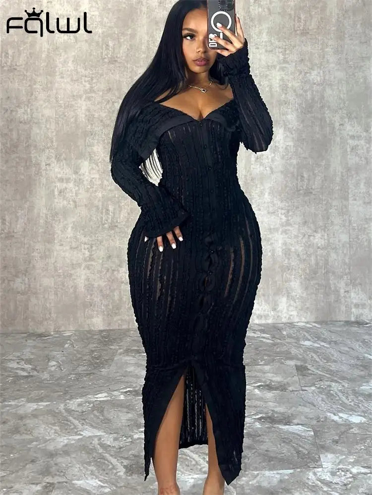 Habbris Black Sexy Strapless Long Dress Party Club Outfit For Women 2023 Fall Long Sleeve Knitted Maxi Dress Fashion Split Dress