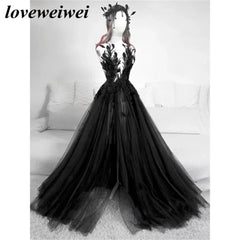 Black Feather aftonklänningar Applices Lace Charming Prom Dress Party Dresses With High Split Sleeveless Vestidos de Noche