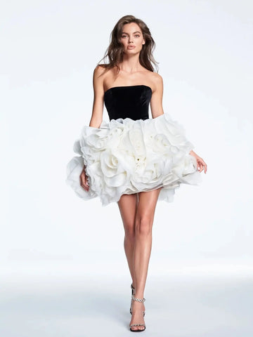 2025 White Falbala Strapless Puffy Mini Dress Sweet Woman Birthday Party Vestido Stage Performance Costume