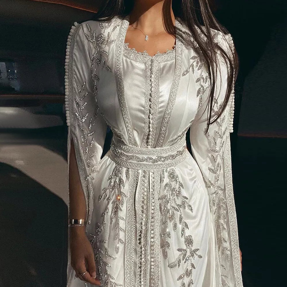 Luxury Dubai Moroccan Kaftan Evening Dresses for Women Wedding Elegant Long Sleeve Muslim Arabic Formal Dress