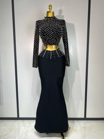 Women Long Sleeve Black Mesh Studded Dianonds Crystal Pearl Two Pieces Bandage Set Celebrity Sexy Evening Party Birthday Gown