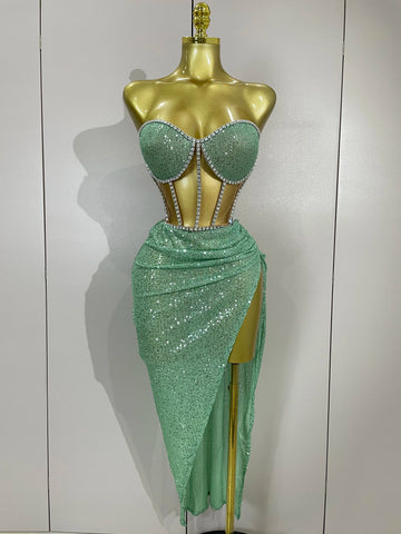 Sparkly Sequins Diamond Birthday Party Two Piece Set Evening Dress 2025 Women Sexy Singer Dancer NightClub Bar Performan Costume