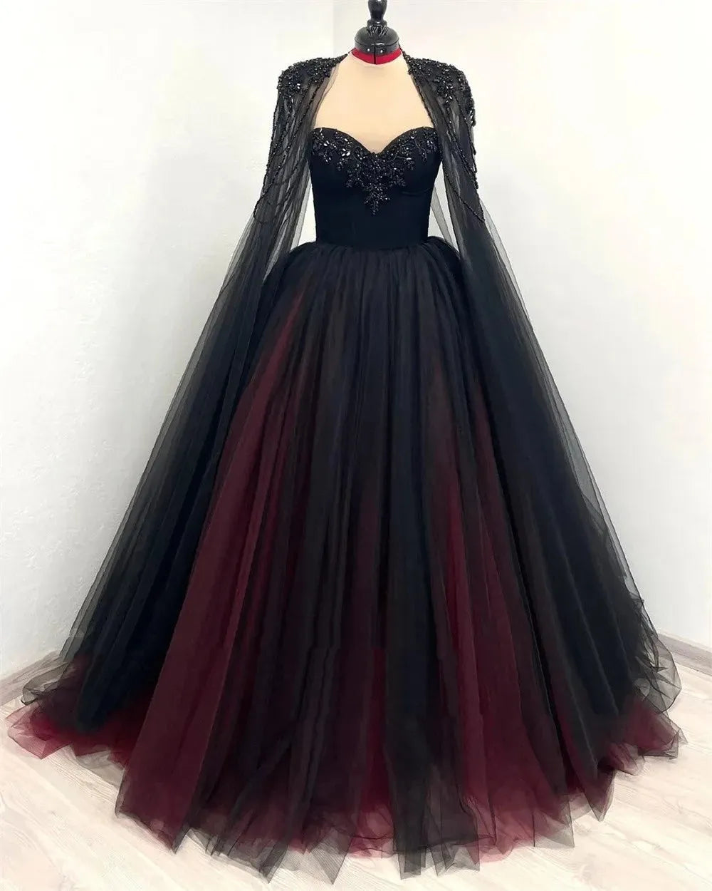 Gothic Black WIth Red Dress Sequins Cape Sleeve Ball Gown Vestidos De Novia Handmade A-line Prom Dresses