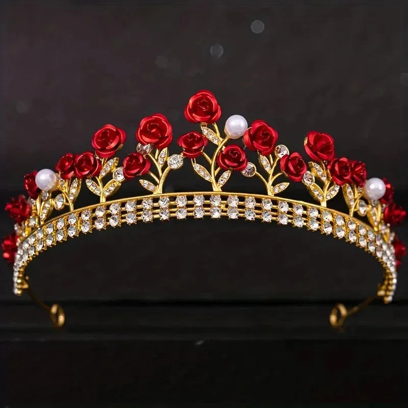 Crystal Pearl Rose Crown Tiara For Women Bride Rhinestone Prom Diadem Bridal Wedding Hair Accessories Jewelry Tiaras And Crowns Red