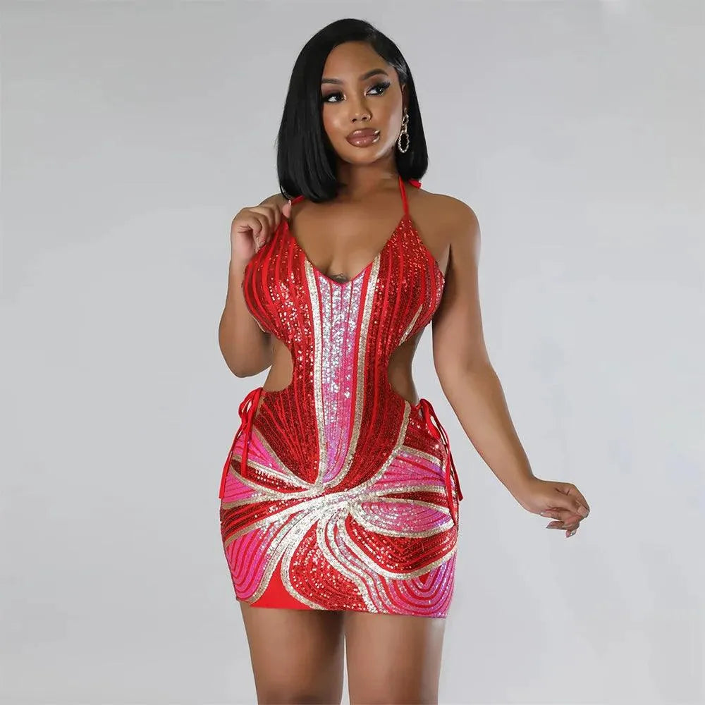 Sexy Backless V-neck Hollowed Out Sequin Mini Skirt for Women's Summer New Strappy Suspender Short Skirt Tight Fitting Dress red