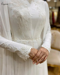 Elegantes vestidos de novia para mujer, de gasa, con cuello alto, abaya, mangas largas, hijab, vestido de novia islámico con capa