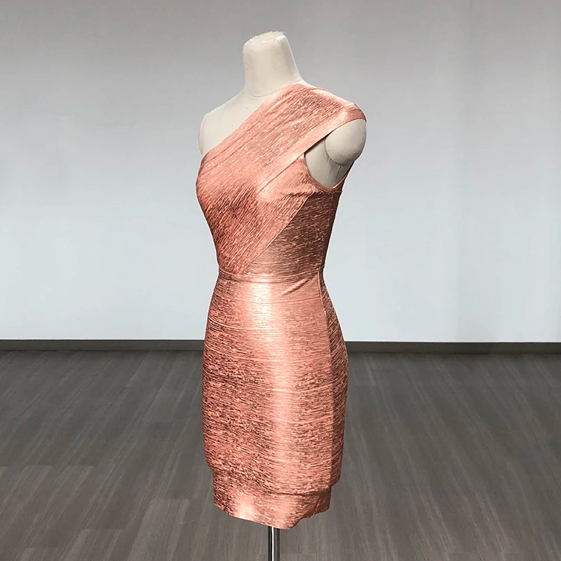 Pink Foil Color Women Sexy One Shoulder Bodycon Mini Bandage Dress Celebrate Fashion Birthday Party Cocktail Dress