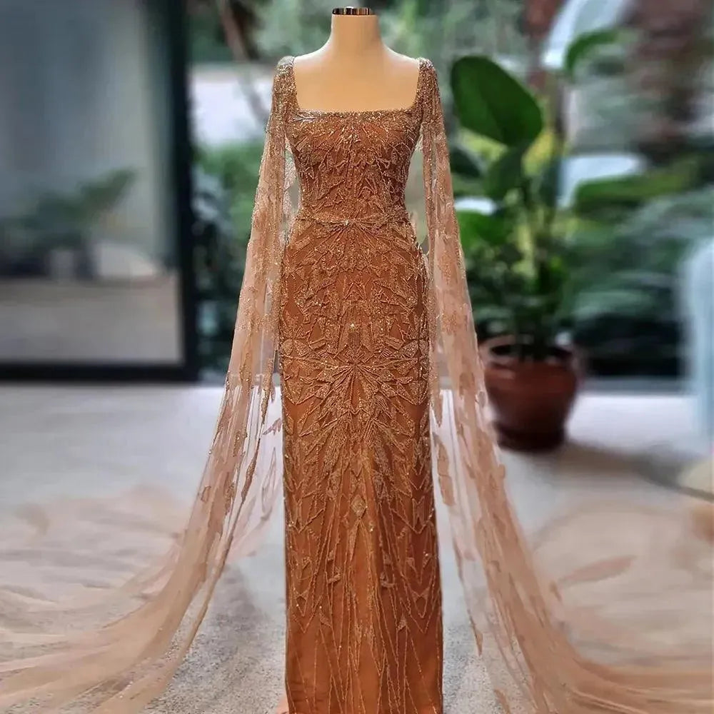 Saudi Arabic Nude Pink Luxury Dubai Evening Dresses with Cape Sleeves Square Collar Women Wedding Party Gowns Evening Dress