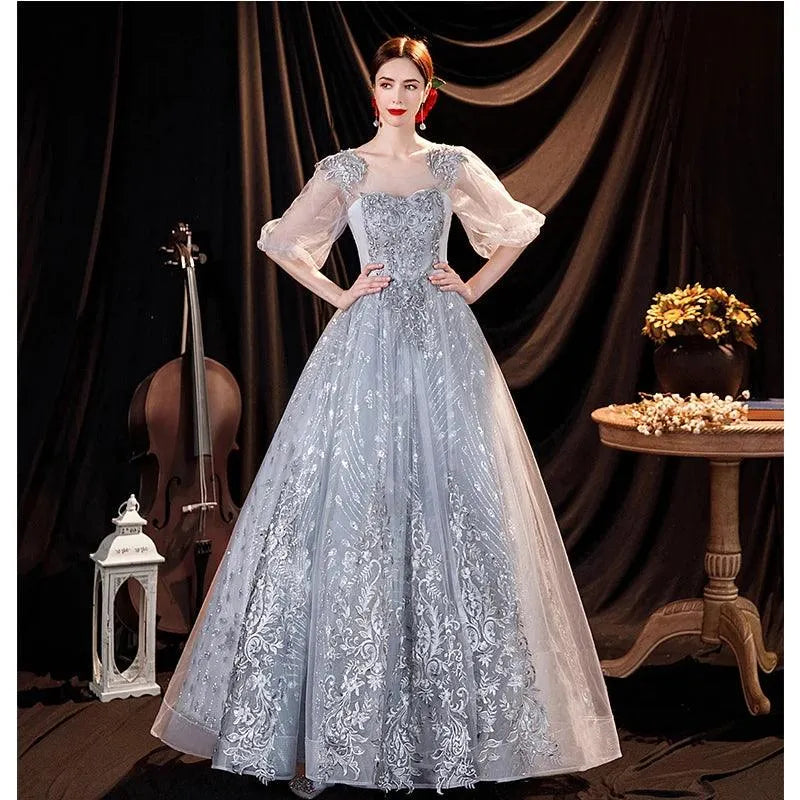 Quince Dress | Luxury Grey Half Sleeve Quinceanera Dresses A-line Lace Embroidery Quinceanera Dress Prom Vestidos De Quinceaneras Customized