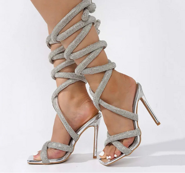 Luxury Rhinestones Women Sandals Sexy Ankle Strap Cross-tied Thin High Heeled Gladiator Sandals Fashion Summer Party Prom Shoes