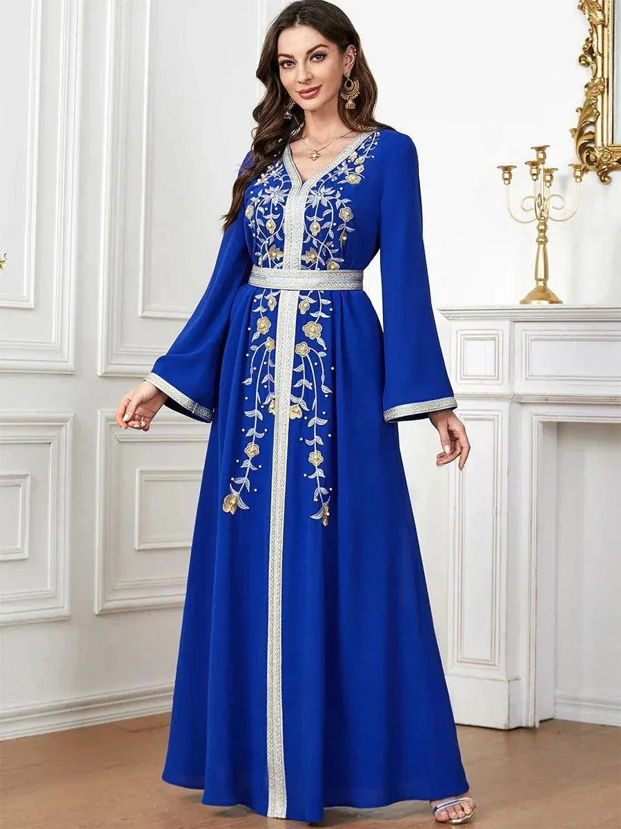 Fashion Ethnic Abayas For Muslim Female Solid Embroidery Beading Full Sleeve V-Neck Tunic Robe Morocco Dubai Clothing