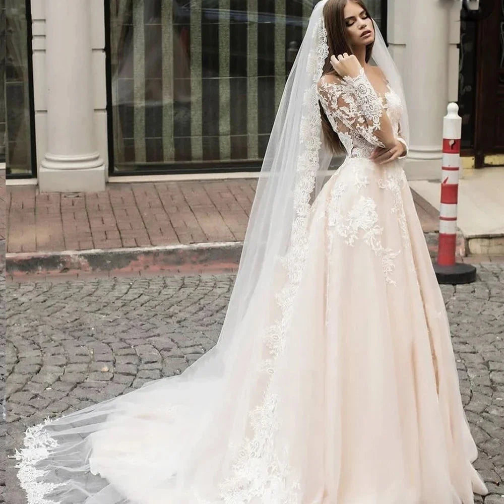 Vestidos de noiva requintados para mulheres A-line Luxury Bridal Vestys Apliques de renda de mangas compridas O-pescoço vintage vestidos de Novia