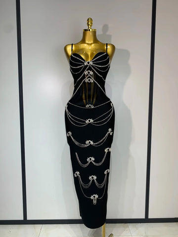 2025 New Spaghetti Strap Bodycon Bandage Dress Women Sexy Sparkly Beading Club Evening Party Birthday Dresses Wedding Guest Gown