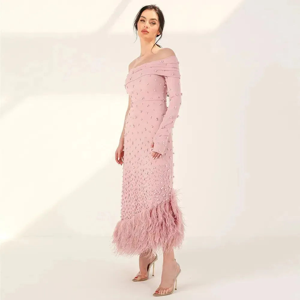 Luxury Feathers Dubai Pink Mermaid Evening Dress for Women Wedding Sage Green One Shoulder Arabic Party Gowns Evening Dress