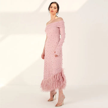 Plumes de luxe dubaï rose sirène robe de soirée pour les femmes de mariage vert sauge une épaule robes de soirée arabe 