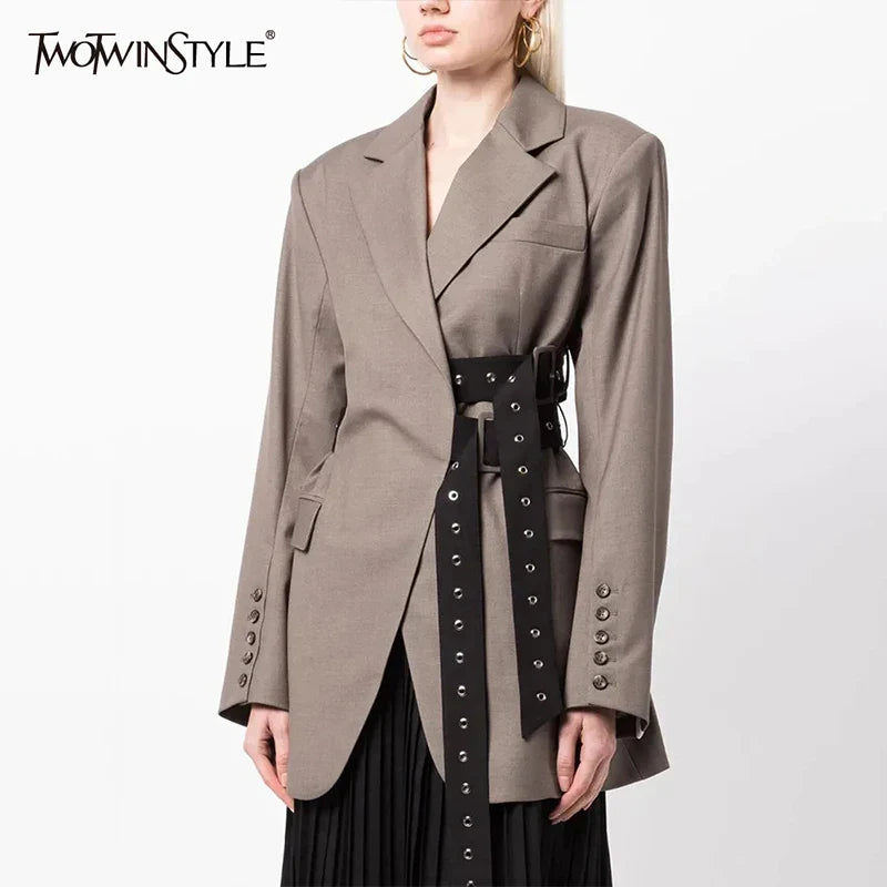 Patchwork Belt Chic Blazer For Women Notched Collar Long Sleeve Spliced Pocket Temperament Blazers Female Fashion