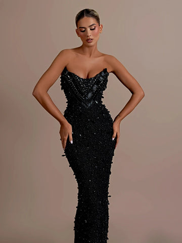 Vestido VC Preto Sem Alças e Sem Mangas com Cristais e Lantejoulas, Vestido de Festa Luxuoso para Noite