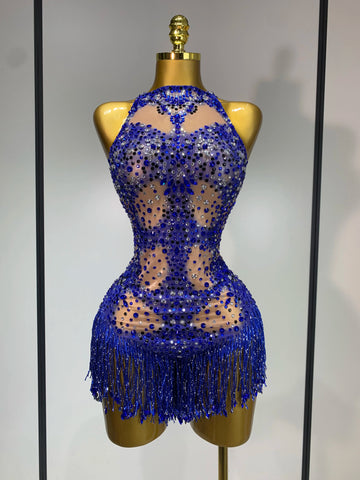 Women Sexy Backless blue Rhinestone Tassel Bodysuit Evening Party Club Singer Stage Performance Costume Luxury Birthday Dress