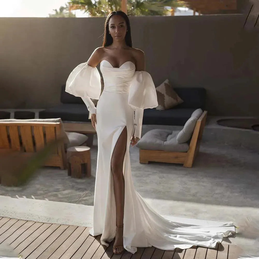 Detachable Puff Sleeves V-neck Soft Satin Sheath/Mermaid Wedding Dresses Side Slit Sweep Train Bridal Grownm 26W Mermaid
